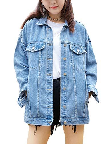 Omoone Women's Oversized Mid Long Denim Jacket Jean Biker Coat(0199-Denim Blue-M)