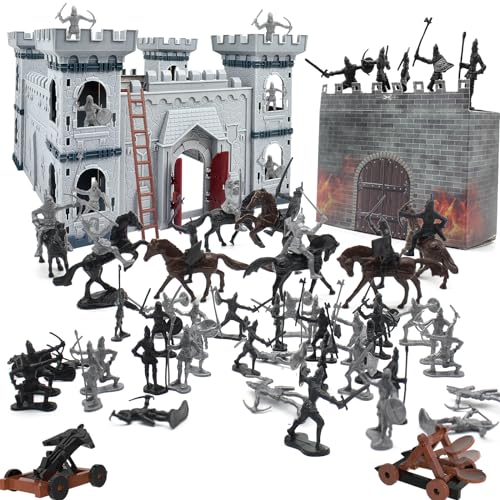 Plustopoy Medieval Castle Knight Toy Soldier Army Figurines, DIY Assembled Cavalry, Arrow Tower,8 Knights and 8 Horse, 36 Soldiers, Simulated Siege War of Attack Castle Toy for Boys