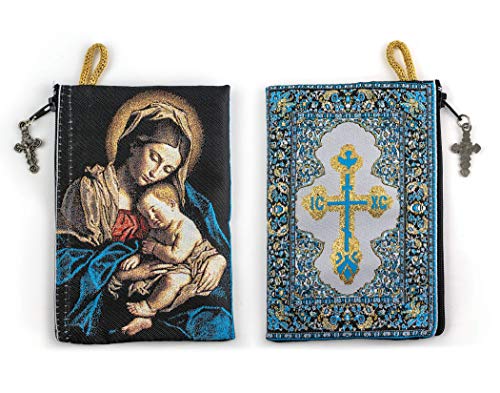 Catholic Rosary Pouch, Virgin Mary Madonna and Child & Saint Olga Dove Cross, 4' x 6' Jewelry & Coin Purse with Cross, Small Woven Tapestry Icon Bag, Bolsa de Rosario Católico para Joyería