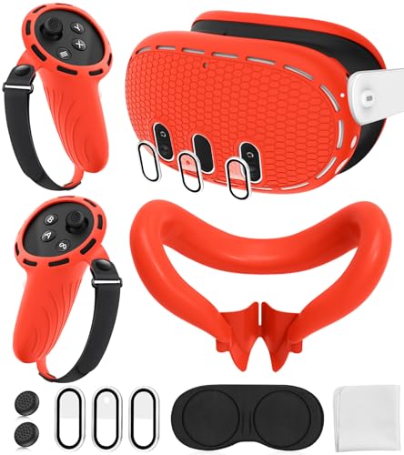 Silicone Cover Set Compatible with Oculus/Meta Quest 3, Touch Controller Grips Cover, VR Shell Cover, Facial Interface Cover, Protective Lens Cover, Tempered Glass Lens Caps (Bright Red)