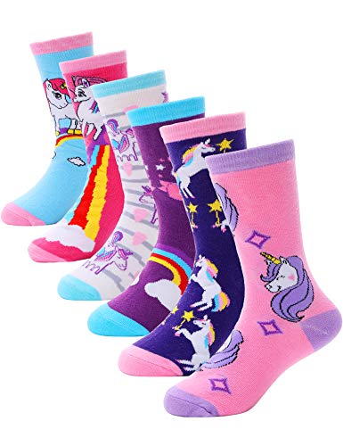 Anlisim Girls Kids Fashion Cotton Crew Cute Unicorn Shorty Socks 6 Pack Gift Stocking Stuffer (Unicorn-A, 5-8 Years Old)