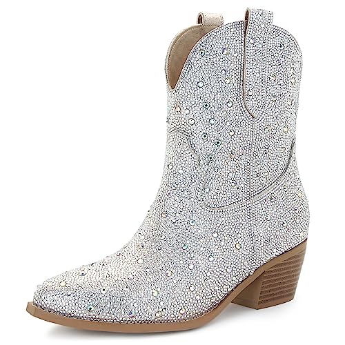 SOVANYOU Rhinestone Boots Cowboy Ankle Boots for Women Sparkly Boots Cowgirl Western Booties Short Glitter Boots Crystal Booties Silver Bling Boots