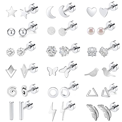 MJust 18 Pairs Stainless Steel Earring Set For Women Men 20G Cartilage Star Moon Triangle Circle Bar Heart Screwback Barbell Geometric Flatback Earrings Set Jewelry (Silver)