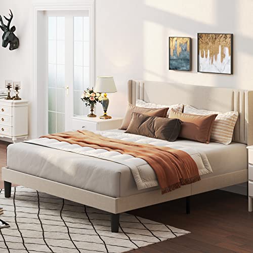 Gizoon Queen Bed Frame with Wingback Headboard, Upholstered Platform Bed with Modern Geometric Headboard, Wooden Slats, Noise-Free, No Box Spring Needed