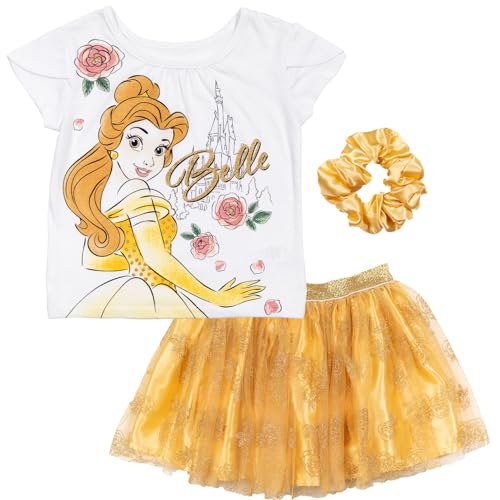 Disney Princess Belle Little Girls Graphic T-Shirt Mesh Skirt and Scrunchie 3 Piece Outfit Set 7-8