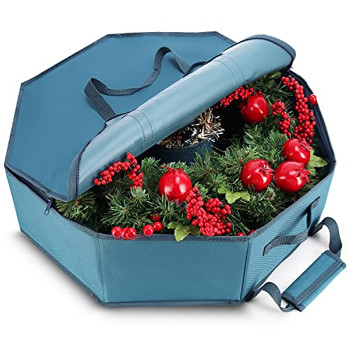 Hearth & Harbor Wreath Storage Container - Hard Shell Christmas Wreath Storage Bag with Interior Pockets, Dual Zipper and Handles - 24' Premium Wreath Storage Organizer Box