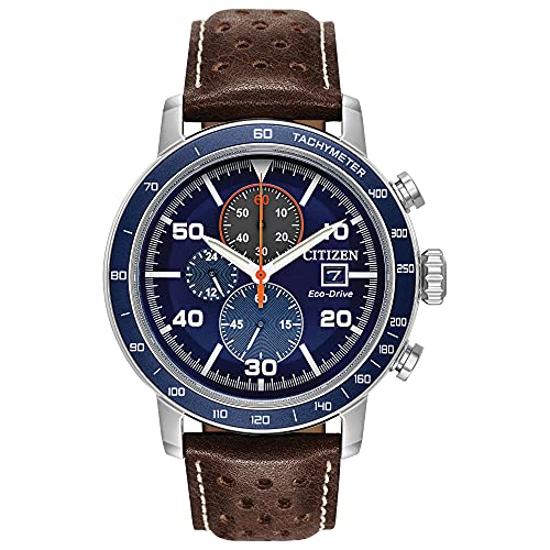 Citizen Men's Eco-Drive Weekender Brycen Chronograph Watch in Stainless Steel, Brown Leather strap, Blue Dial (Model: CA0648-09L)