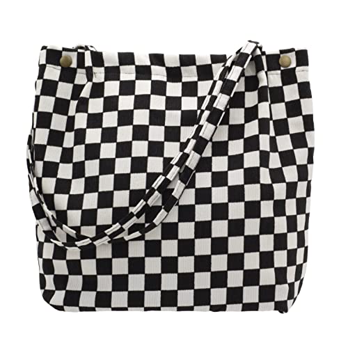 PAZIMIIK Corduroy Tote Bags for Women Reusable Grocery Shopping Shoulder Go-to Everyday Bag with Canvas Lining for Work Travel School,Checkered Black