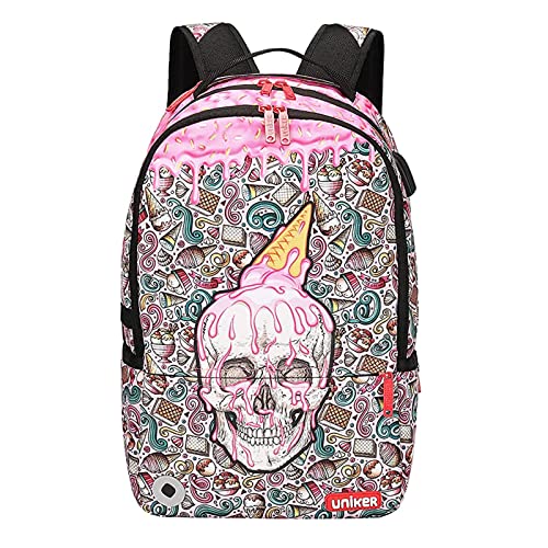 UNIKER Graffiti Backpack,Ice Cream Pattern Schoolbag,Pink School Backpack for Girls,Computer Backpack Fits 15.6 Inch Laptop with USB Port,College Backpack Skull