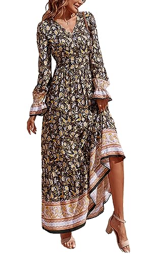 PRETTYGARDEN Long Flowy Dresses for Women - V Neck Casual Button Down Boho Floral Maxi Dresses (Black Yellow,Small)