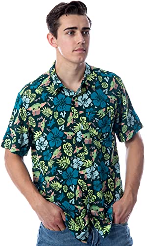 Mad Engine Star Wars Men's The Mandalorian Grogu Baby Yoda Leaves Hawaiian Button Up Shirt (Large)