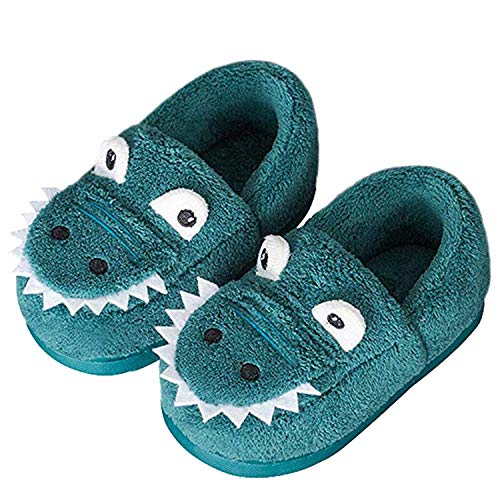 JACKSHIBO Girls Boys Home Slippers Warm Dinosaur House Slippers For Toddler Fur Lined Winter Indoor shoes Blue 7-8 Toddler