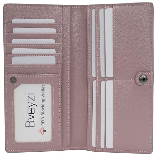 Bveyzi Ultra Slim Thin Leather RFID Blocking Credit Card Holder Bifold Clutch Wallets for Women (Dark Pink)