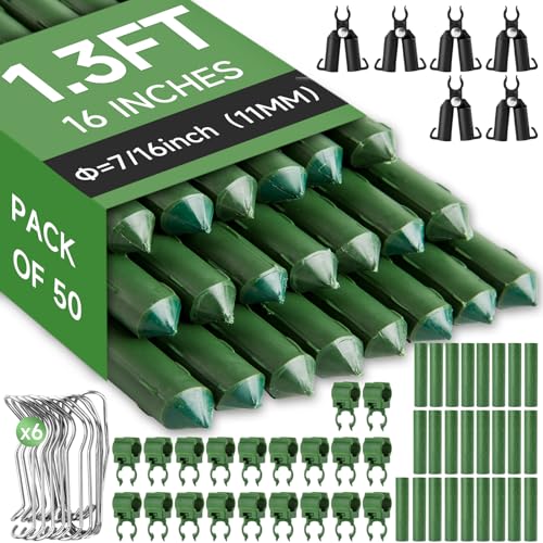 FOTMISHU Garden Stakes 50 Pack 16in, DIY Sturdy Plastic Coated Plant Stakes, Plant Cage Supports Climbing Trellis for Tomatoes, Vegetables, Cucumber, Fences, Beans