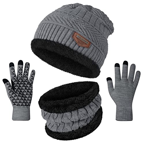 Winter Beanie Hats Scarf Gloves Set Thick Warm Slouchy Beanies Hat Knit Skull Cap Neck Warmer for Men Women,Hat Scarf Set-a-gray