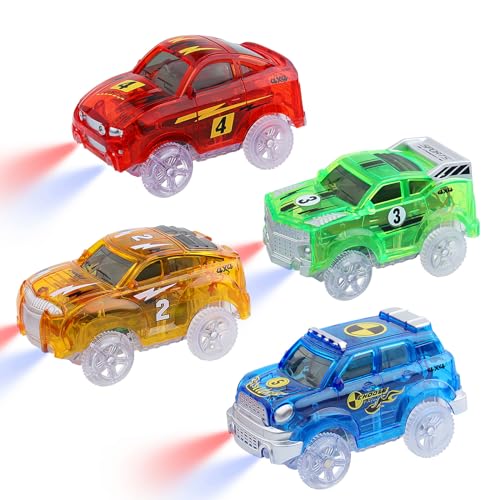 Track Cars Magic Kids Gifts: 4 Pack Track Accessories Replacement Cars for 3 4 5 6 7 8 Years Old Kids Boys Girls Gifts Toy Track Cars with 5 LED Lights Glow in The Dark Compatible with Most Tracks