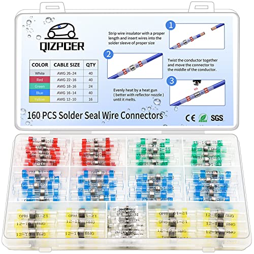 160 Pcs Solder Seal Wire Connectors Kit, Electrical Connectors Heat Shrink Wire Connectors Waterproof Electrical Cable Butt Terminals for Marine Automotive Trailer RV Boat Truck Wiring