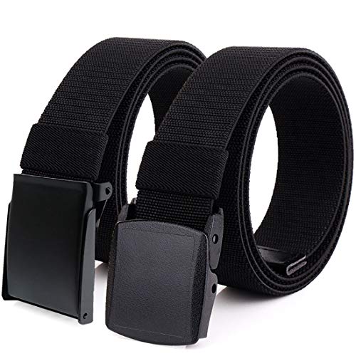 HOANAN 2-Pack Elastic Stretch Belt, Men’s All Size Nylon Tactical Hiking Belt (Fit up to 42', Black flip-top metal buckle + black plastic buckle)