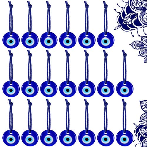 20 Pieces Turkish Blue Evil Eye Beads Charms Pendants Crafting Glass Beads Wall Hanging Ornament with Ropes for Jewelry Accessories Home Craft Decoration (Round)