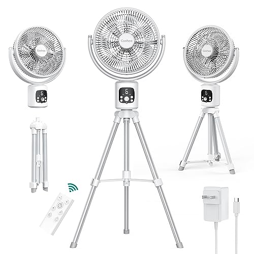 Coohea Oscillating Fan 11' Standing Fan with Detachable Tripod 12000mAh Rechargeable Battery Floor Fan Quiet White Pedestal Fan with Remote for Indoor Outdoor Home Bedroom, Adjustable Height & 6-Speed