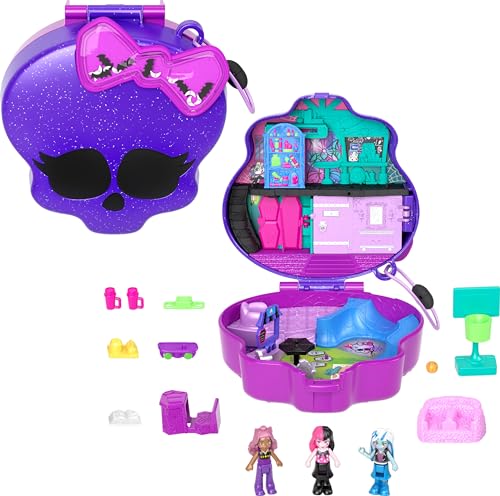 Polly Pocket Monster High Playset with 3 Micro Dolls & 10 Accessories, Opens to High School, Collectible Travel Toy with Storage