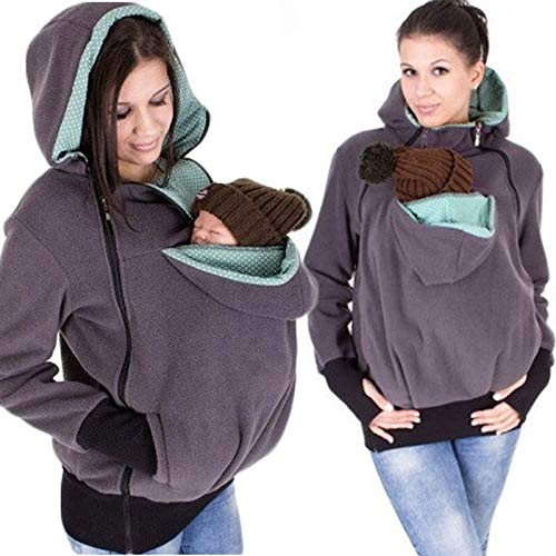 3 in 1 Multifunction Womens Maternity Kangaroo Hooded Sweatshirt for Baby and Mother Gray Green