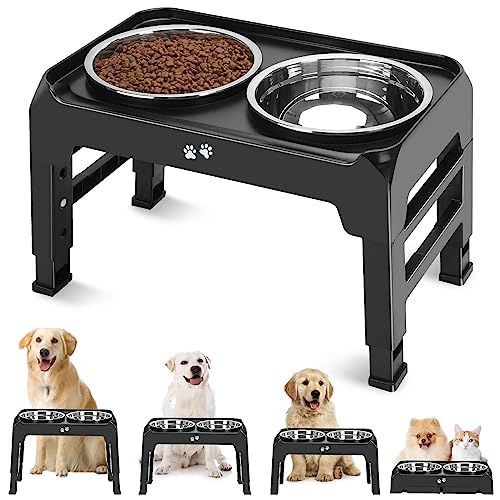 Elevated Dog Bowls, 4 Height Adjustable Raised Dog Bowl Stand with 2 Thick 50oz Stainless Steel Dog Food Bowls Non-Slip Dog Feeder for Large Medium Dogs Adjusts to 3.7', 9.2', 10.75', 12.36' Black