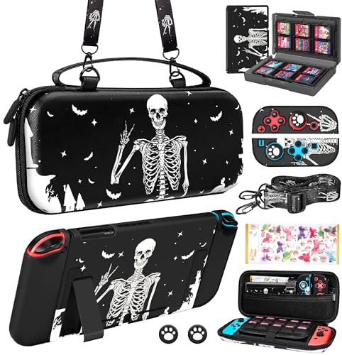 Gurgitat 9in1 Skull Skeleton Switch Case for Nintendo Switch Carrying Cases & Storage Accessories Bundle Kit Thumb Grips+Game Holder+Dockable Skin+Shoulder Strap+Sticker for Switch Travel Pouch Bag