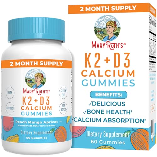 MaryRuth Organics Calcium with Vitamin D & Vitamin K2, 2 Month Supply, Calcium Supplement Supports Bone Health & Joint Support, with Vitamins D3 K2 Gummies, Vegan, Non-GMO, Gluten Free, 60 Count