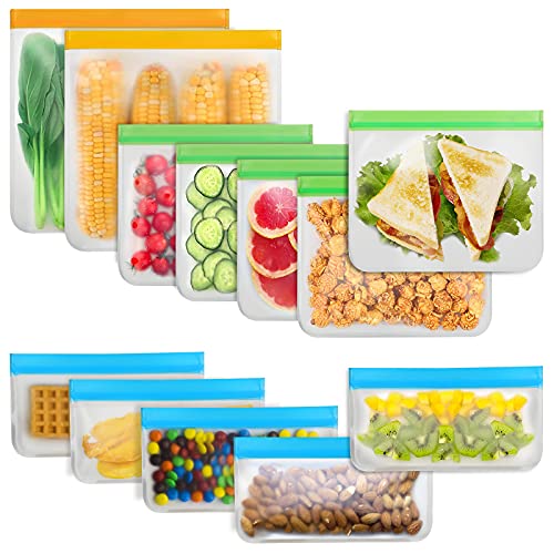 Reusable Food Storage Bags - 12 Count BPA Free Reusable Freezer Bags (2 Gallon & 5 Sandwich & 5 Snack Size Bags) Tangibay Leakproof Freezer Safe Bag for Meat Fruit Vegetable