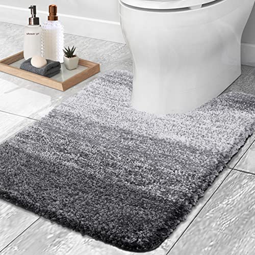 OLANLY Luxury Toilet Rugs U-Shaped 24x20, Extra Soft and Absorbent Microfiber Bathroom Rugs, Non-Slip Plush Shaggy Toilet Bath Mat, Machine Wash Dry, Contour Bath Rugs for Toilet Base, Grey