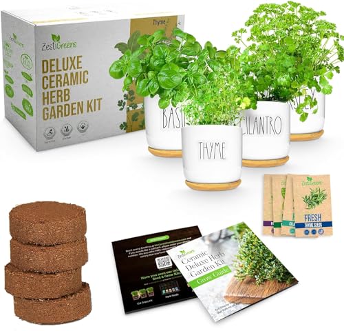 Ceramic Indoor Herb Kit – Gardening Gifts for Women - 4 Variety Culinary Herb Garden Kit –Grow Your own Plant Kit, Cooking Gifts for Gardeners, Healthy Gifts.