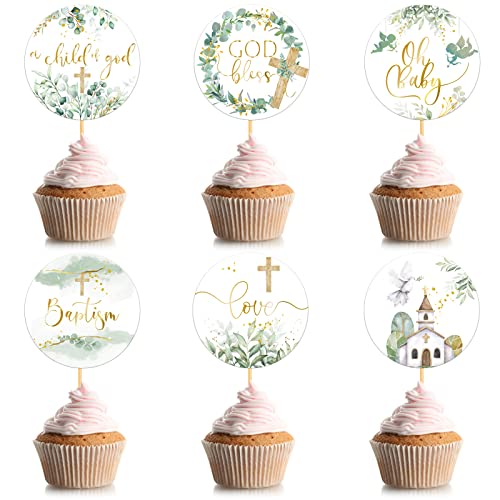 Henoyso 48 Pcs Greenery Baptism Cupcake Toppers God Bless Cross Cupcake Toppers First Holy Communion Christening Confirmation Religious Cupcake Picks for Baby Shower Baptism Party Decorations