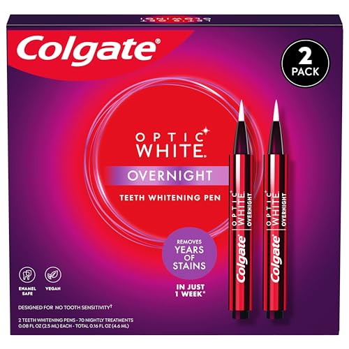 Colgate Optic White Overnight Teeth Whitening Pen, Enamel Safe and Vegan, Teeth Stain Remover to Whiten Teeth, Teeth Whitening for Sensitive Teeth, 35 Nightly Treatments Per Pen, 0.08 Oz,2 Pack
