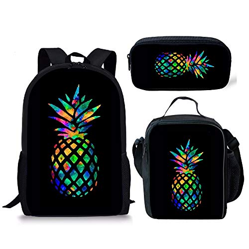 Amzbeauty School Backpack Set Fashion Pineapple Print Lunch Bags Pencil Case Bookbags 3 Pcs Set for for Teen/children/Kids/Boys/Girls