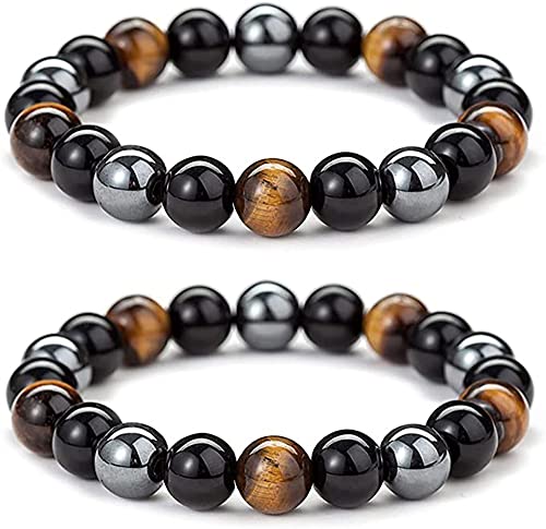 WFJ Black Obsidian Hematite Triple Protection Bracelet Tiger Eye Beads Bracelets for Men and women（10MM）, Set of 2 black,gray 19cm