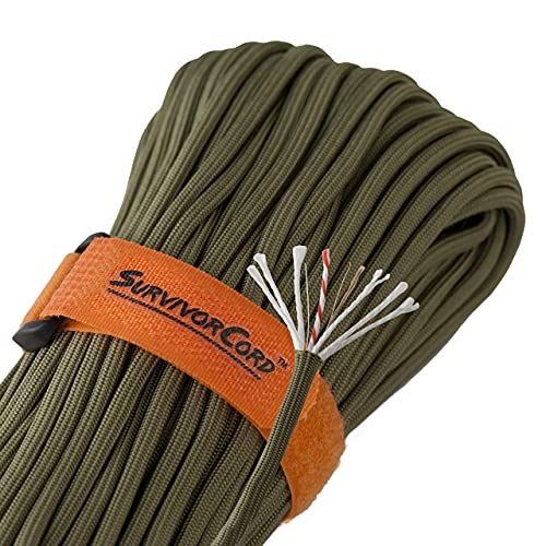 620 LB Olive-Drab SurvivorCord Hank, Olive-Drab Paracord 550 Type III, Military Grade, Heavy Duty Paracord with 3 Survival Strands, Cordage for Camping, with Survival Firestarter.