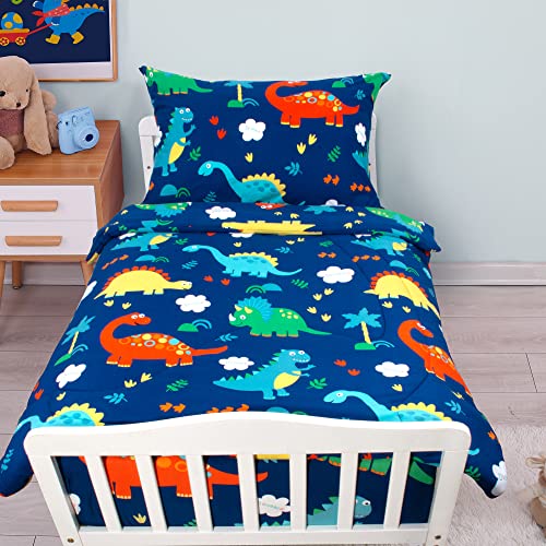 Cloele Dinosaur Toddler Bedding Set - 3 Piece Toddler Bed Set for Boys Includes Reversible Quilted Comforter Fitted Sheet Reversible Pillowcase Microfiber Soft Standard Toddler Comforter & Sheet Set