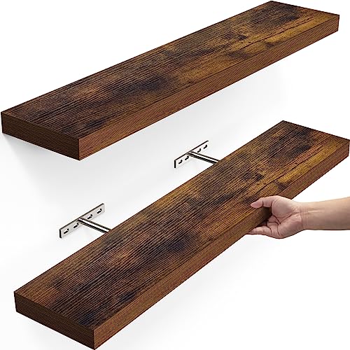 BAYKA Floating Shelves, Wall Mounted Rustic Wood Shelves for Bathroom, Bedroom, Living Room, Kitchen, Office, 22.5' Hanging Shelf for Books/Storage/Decor with 22lbs Capacity (Rustic Brown,Set of 2)