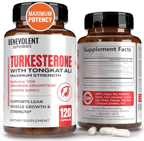 Turkesterone 8,000mg [Highest Purity] + BioPerine for High Absorption Supplement with Tongkat Ali - Increase Stamina, Lean Muscle Growth & Recovery, Boosts Drive 3rd Party Tested 2 Months Supply