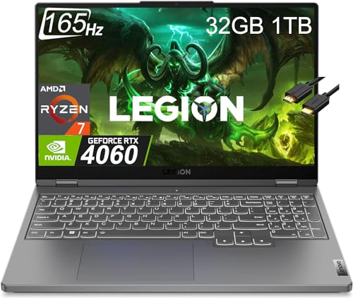Lenovo Legion 5 Gaming Laptop (15.6' 2K 165Hz, AMD Ryzen 7 7735HS, GeForce RTX 4060 8GB, 32GB DDR5 RAM, 1TB SSD, (8 Core Beat i7-12700H)) Backlit, Wi-Fi 6, IST Cable, Win 11 Home, 2024, Storm Grey
