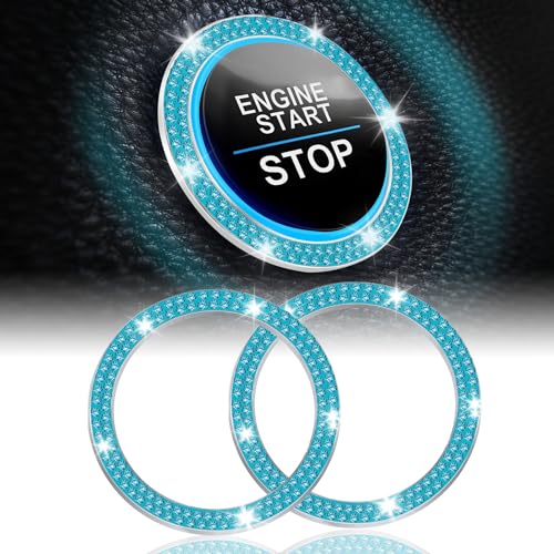 LivTee 2 PCS Crystal Double Rhinestone Car Engine Start Stop Decoration Ring, Bling Car Interior Accessories for Women, Push to Start Button Cover/Sticker, Key Ignition & Knob Bling Ring, Cyan