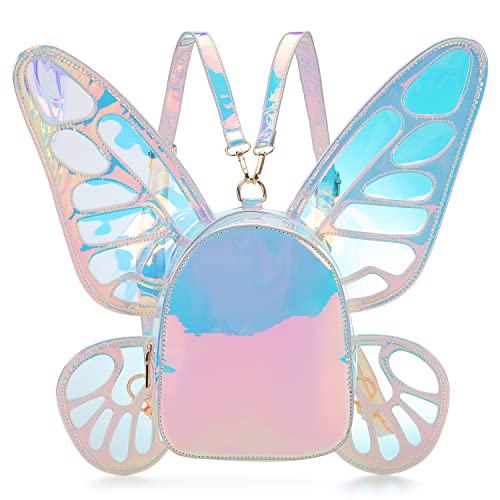 ENJOININ Women's Laser Holographic Backpack Butterfly Angel Wings Casual Daypack Shoulder Bag (Laser Light Blue)