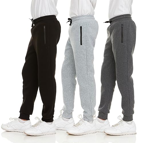 PURE CHAMP 3Pk Boys Sweatpants Fleece Athletic Workout Kids Clothes Boys Joggers with Zipper Pocket and Drawstring Size 4-20 (SET1 Size 6/7)