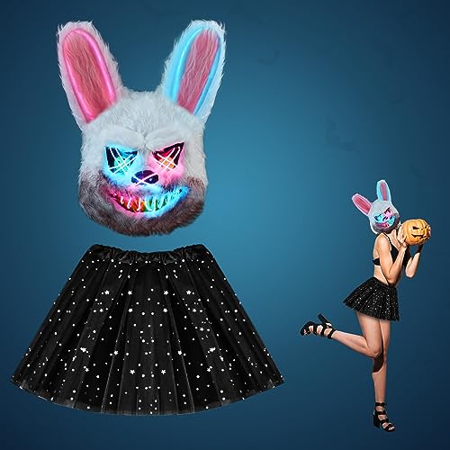ZONESTA Halloween Mask Light Up with Skirt,Purge Mask Scary Mask Furry Mask Bunny Mask With Twinkle Star Skirt Bloody Plush Creepy Halloween Costumes