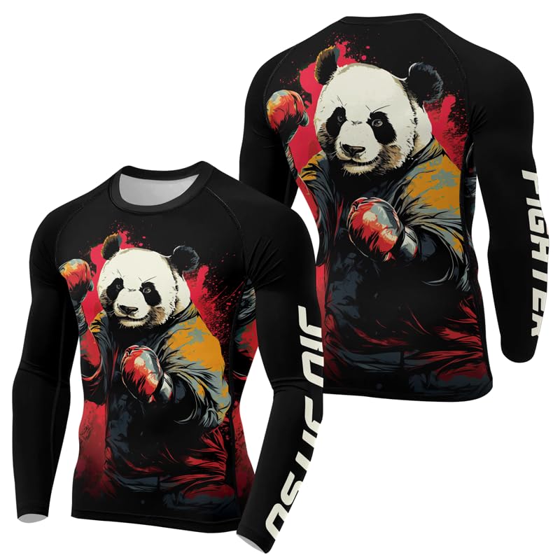 FORMONIES POD Panda Fighter MMA Rash Guard Men Long Sleeve Base Layer Compression Top BJJ Grappling Jiu Jitsu Gifts for Men (US, Alpha, Large, Regular, Regular, V5)