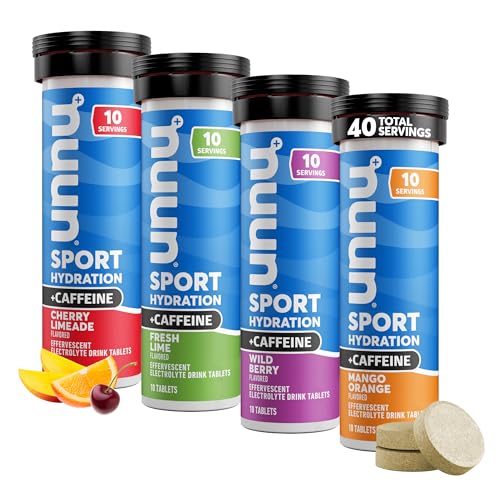 Nuun Sport + Caffeine Electrolyte Tablets for Proactive Hydration, Mixed Flavor Box, 4 Pack (40 Servings)