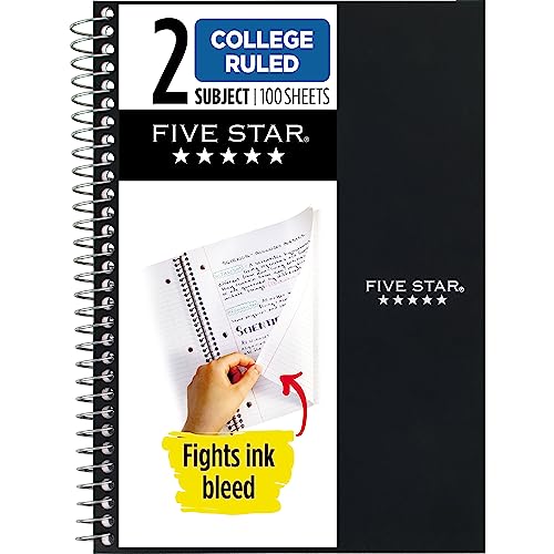 Five Star Small Spiral Notebook, 2 Subject, College Ruled Paper, 9-1/2' x 6', 100 Sheets, Black (72285)