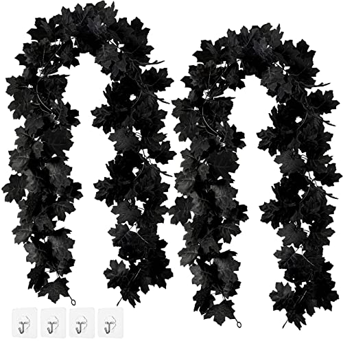 Black Maple Leaf Garland, 2PCS Halloween Artificial Hanging Fall Leave Vines, Fall Floral Garlands Thanksgiving Decor for Home Wedding Party (11.8FT)