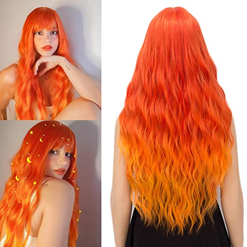 Netgo Orange Fire Wig for Women Long Wavy Heat Resistant Fiber Wigs Side Bangs Cosplay Party